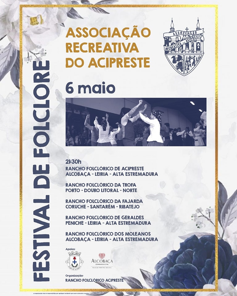 Cartaz do Festival de Folclore da Associação Recreativa do Acipreste, anunciado para 6 de maio, às 21h30. Apresenta cinco ranchos folclóricos participantes e uma fotografia de dança tradicional.