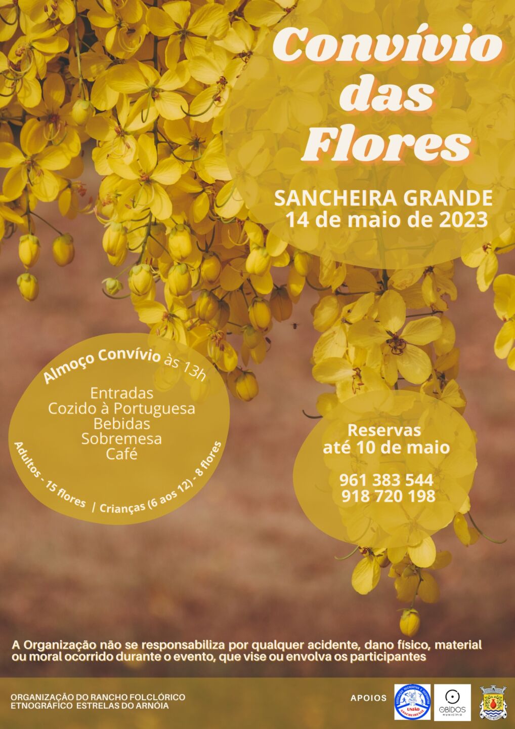 Cartaz do «Convívio das Flores», marcado para 14 de maio de 2023, em Sancheira Grande. Anuncia um almoço de convívio às 13h, com reservas até 10 de maio.