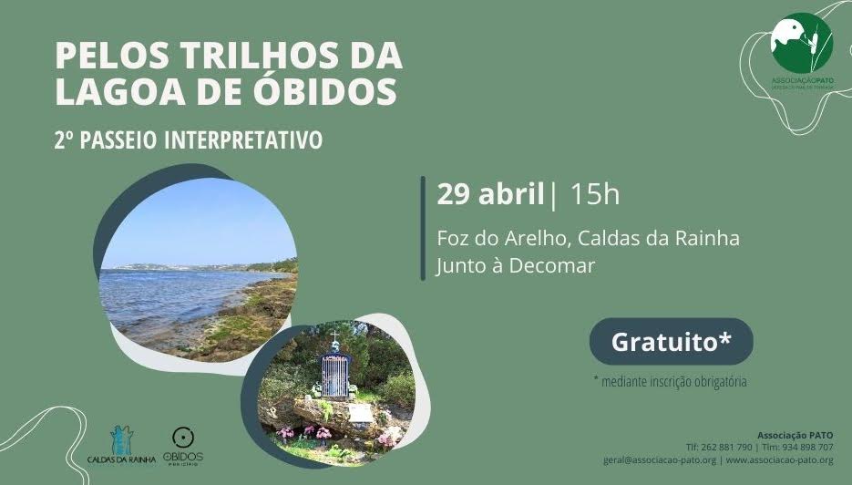 Cartaz do 2.º passeio interpretativo «Pelos Trilhos da Lagoa de Óbidos», marcado para 29 de abril, às 15h, na Foz do Arelho. A participação é gratuita, mediante inscrição obrigatória.