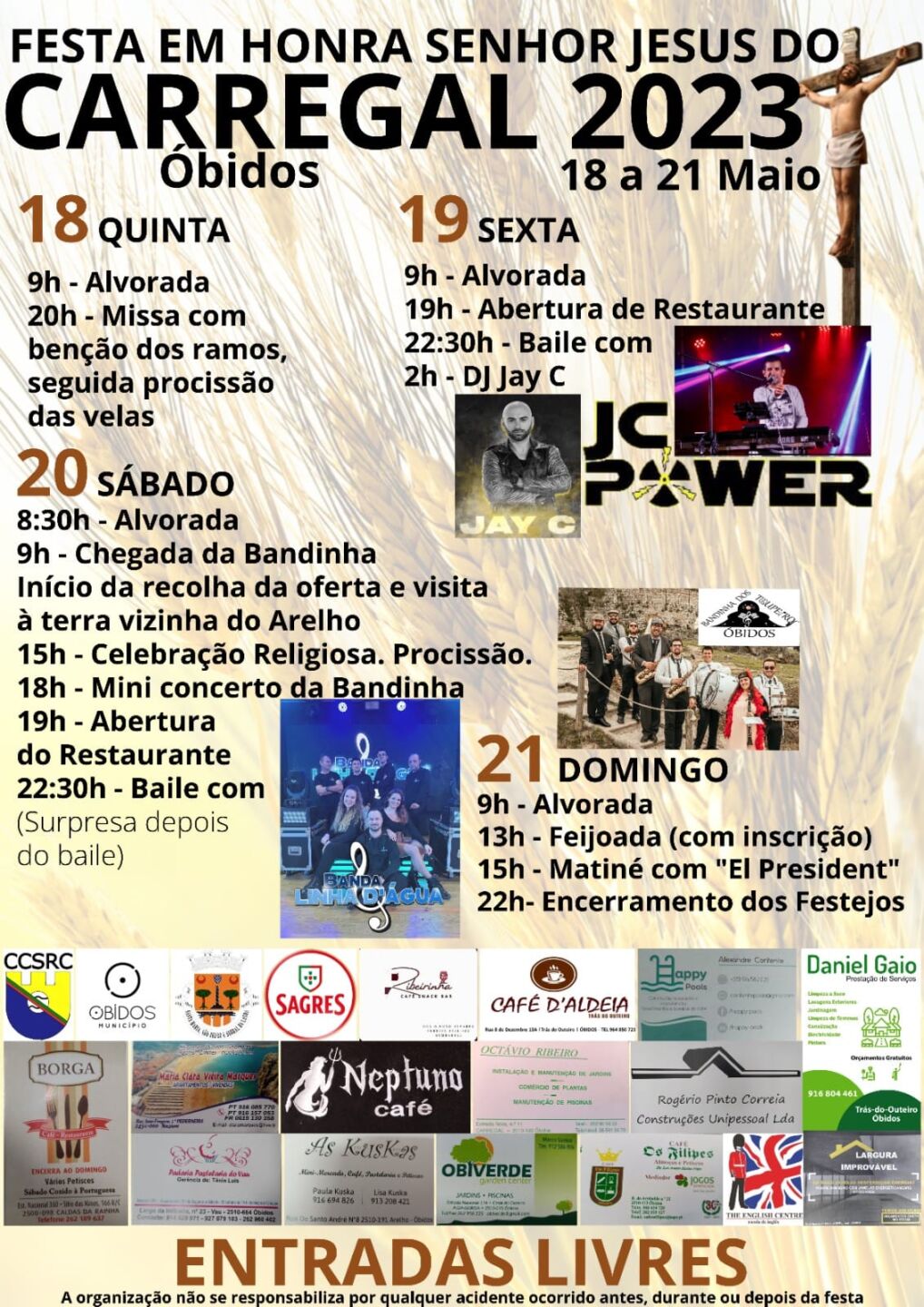 Cartaz da Festa em Honra do Senhor Jesus do Carregal, em Óbidos, realizada de 18 a 21 de maio de 2023. Apresenta o programa religioso e musical, incluindo procissões, bailes e concertos, com entrada livre.