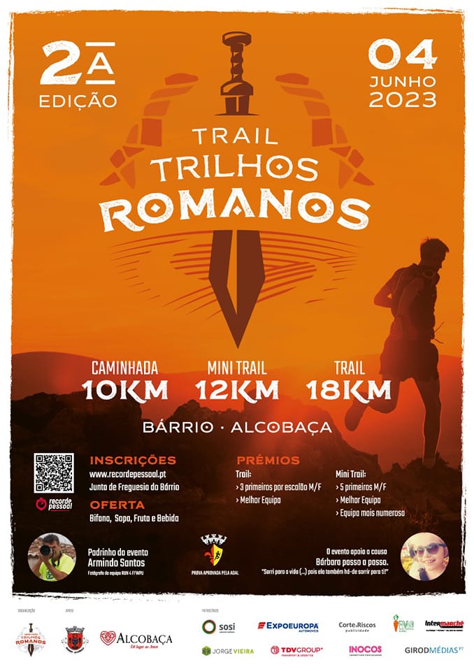 Cartaz da 2.ª edição do Trail Trilhos Romanos, marcada para 4 de junho de 2023 em Bárrio, Alcobaça. Anuncia uma caminhada de 10 km, um mini trail de 12 km e um trail de 18 km.
