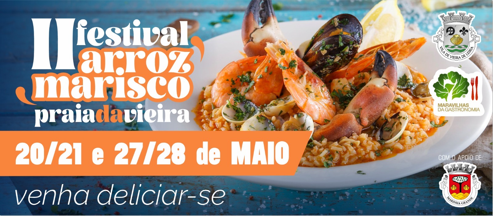 Cartaz do II Festival Arroz Marisco, na Praia da Vieira. Anuncia o evento para 20/21 e 27/28 de maio e mostra um prato de arroz de marisco.
