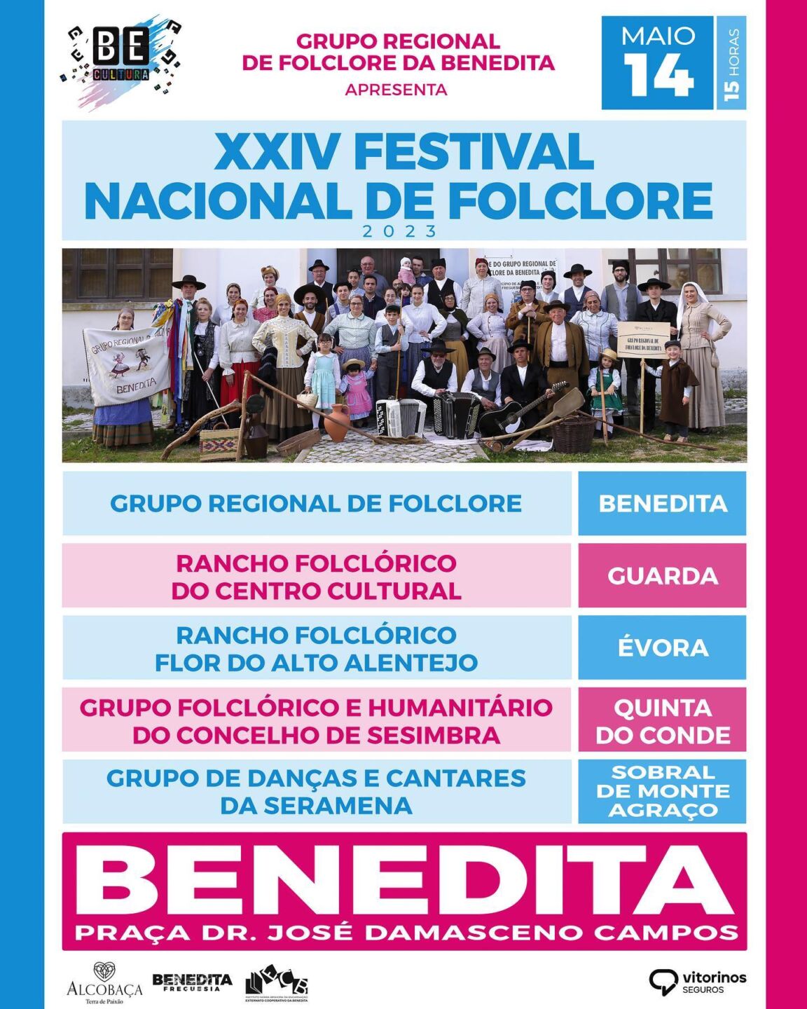 Cartaz do XXIV Festival Nacional de Folclore de 2023, apresentado pelo Grupo Regional de Folclore da Benedita. Anuncia atuações na Praça Dr. José Damasceno Campos, na Benedita, a 14 de maio, às 15 horas.
