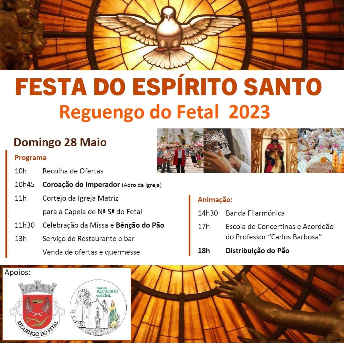 Cartaz da Festa do Espírito Santo em Reguengo do Fetal, marcada para domingo, 28 de maio de 2023. Apresenta o programa religioso e a animação, incluindo missa, bênção do pão e distribuição do pão.