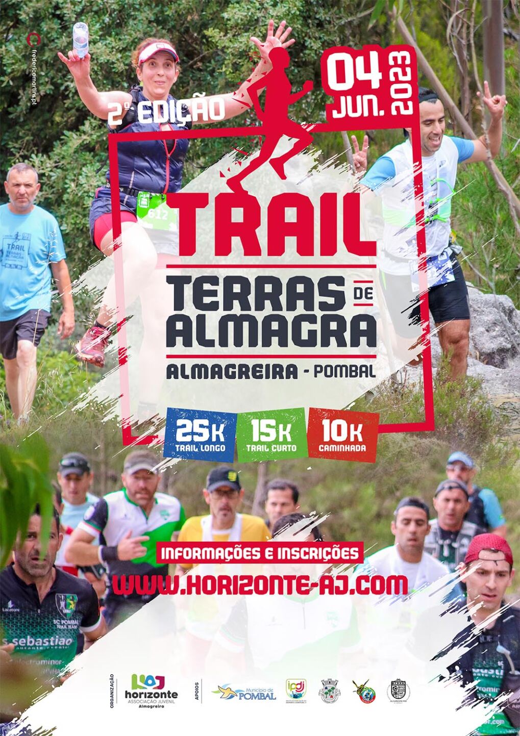 Cartaz da 2.ª edição do Trail Terras de Almagreira, em Almagreira, Pombal, a 4 de junho de 2023. Anuncia provas de trail de 25 km e 15 km e uma caminhada de 10 km.