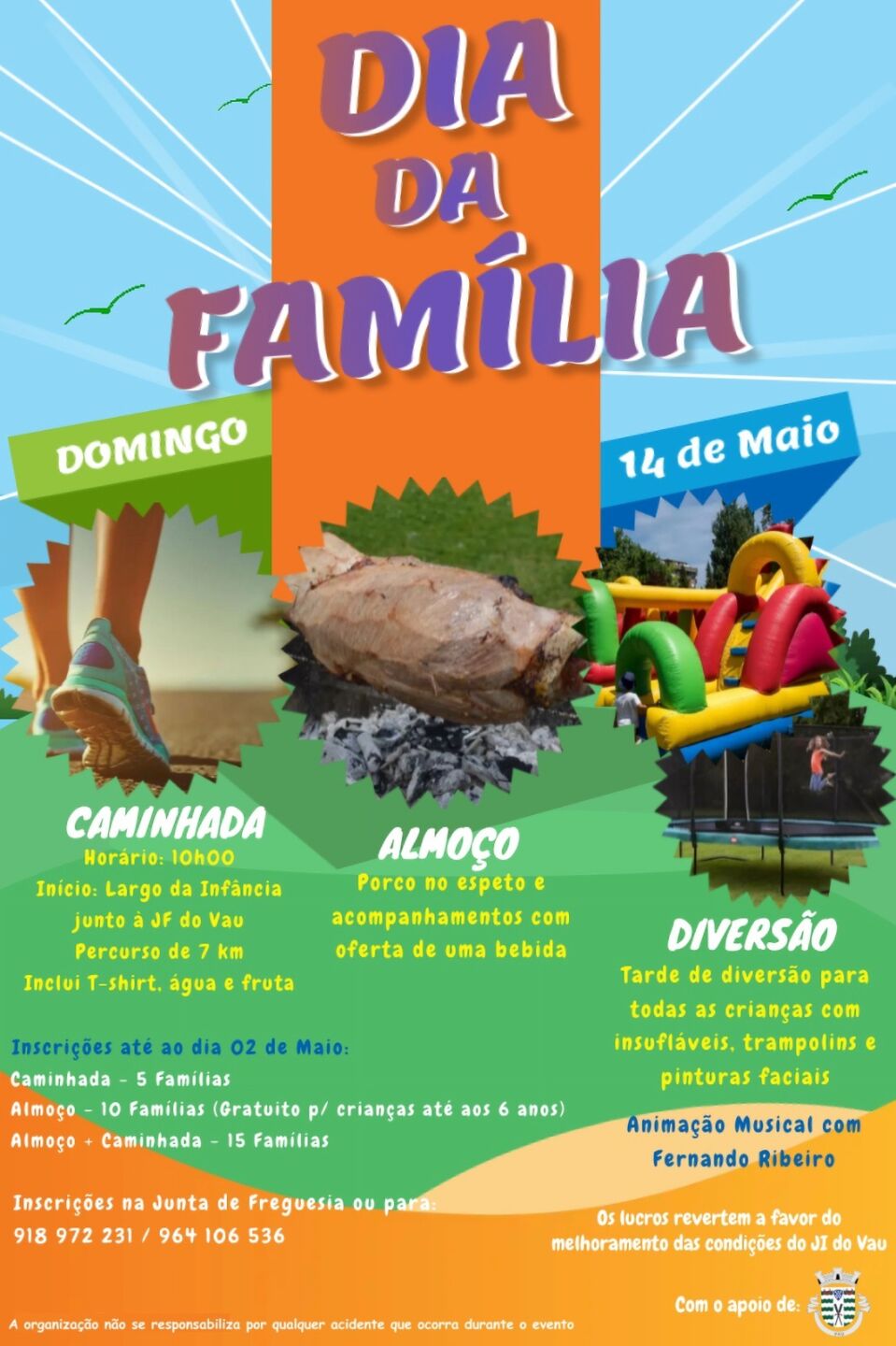 Cartaz do «Dia da Família», anunciado para domingo, 14 de maio. O programa inclui caminhada, almoço e atividades para crianças; os lucros revertem para melhorar as condições do JI do Vau.
