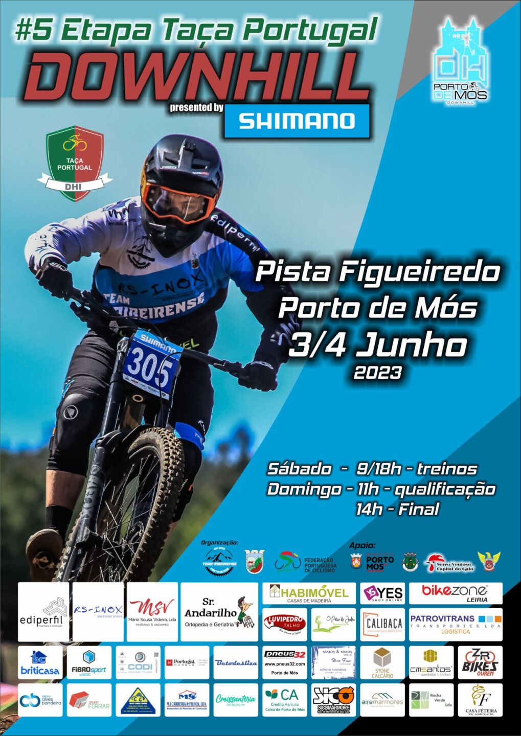 Cartaz da 5.ª etapa da Taça de Portugal de downhill, na Pista Figueiredo, em Porto de Mós, a 3 e 4 de junho de 2023. A imagem mostra um ciclista em prova e os horários de treinos, qualificação e final.