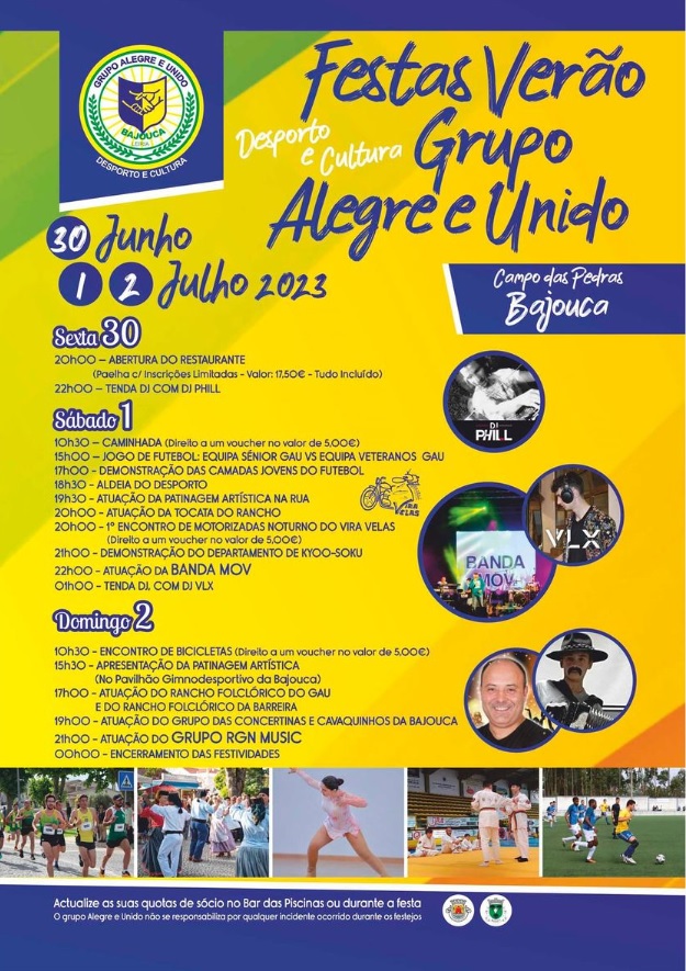 Cartaz das Festas de Verão do Grupo Alegre e Unido, na Bajouca, de 30 de junho a 2 de julho de 2023. Apresenta o programa de atividades desportivas, culturais e musicais.