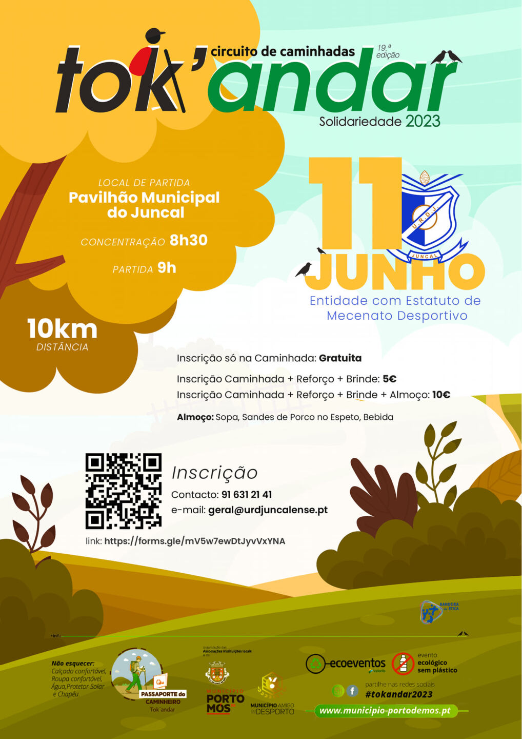 Cartaz da 19.ª edição do circuito de caminhadas Tok’andar, «Solidariedade 2023». Anuncia uma caminhada de 10 km a 11 de junho, com partida às 9h no Pavilhão Municipal do Juncal.