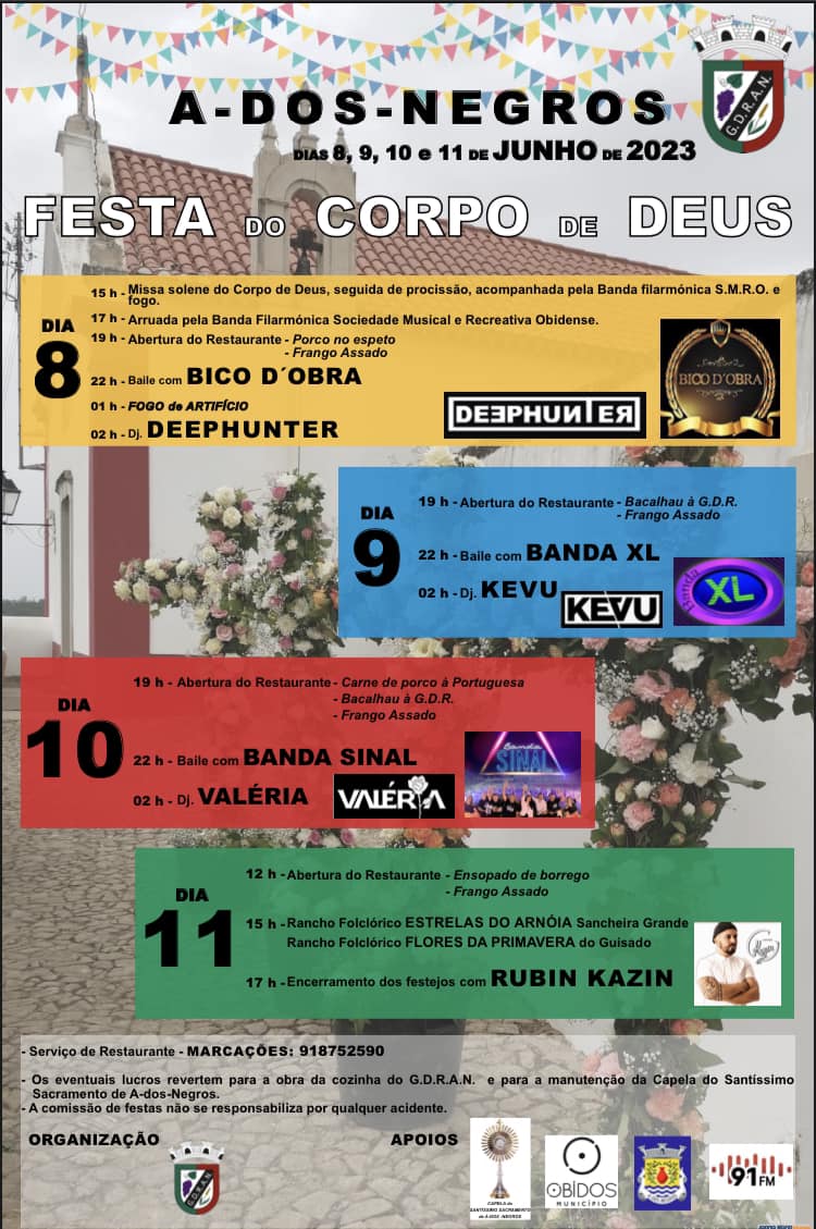 Cartaz da Festa do Corpo de Deus em A-dos-Negros, anunciada para 8 a 11 de junho de 2023. Apresenta o programa religioso e musical, com horários e serviço de restaurante.