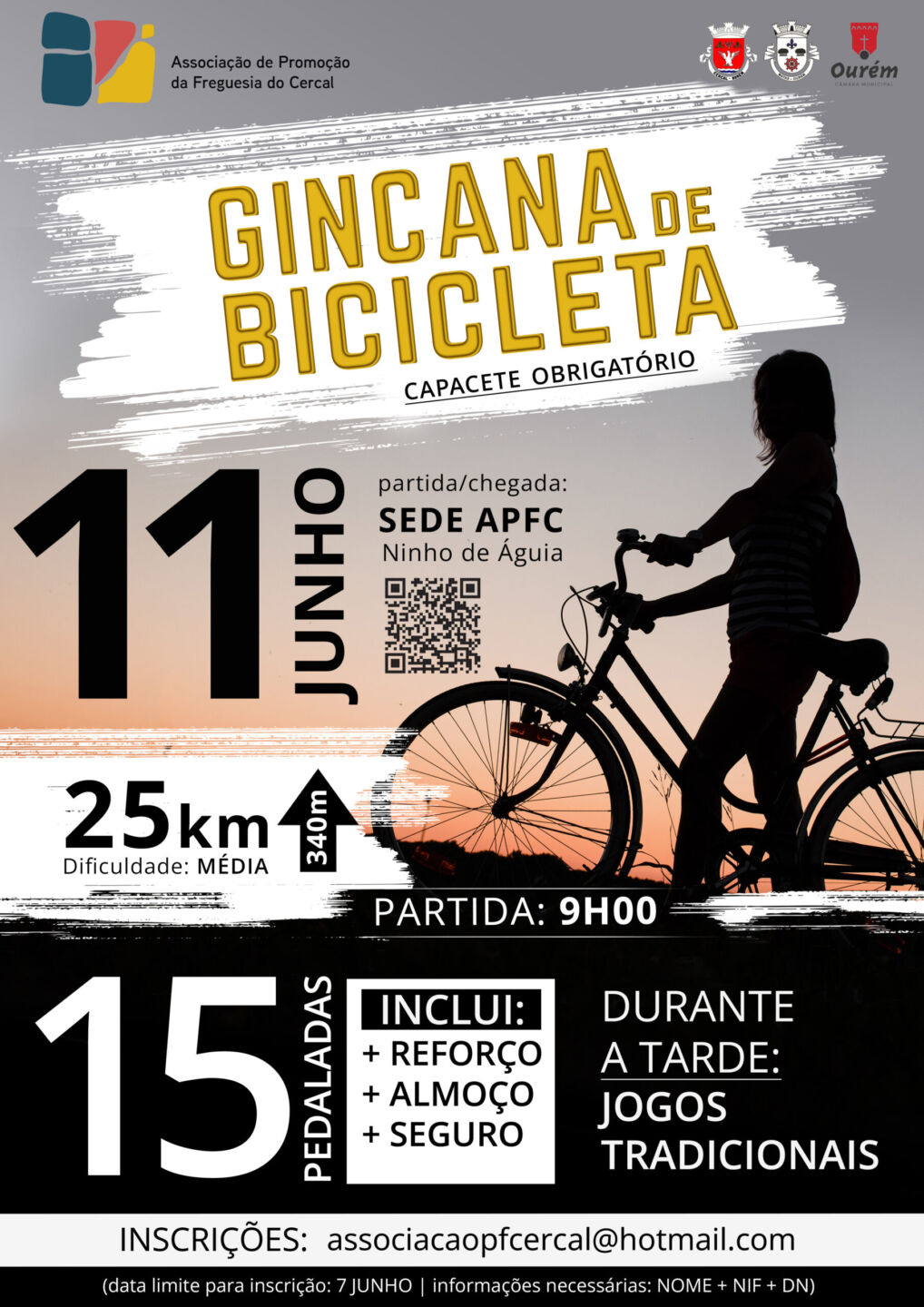 Cartaz da Gincana de Bicicleta promovida pela Associação de Promoção da Freguesia do Cercal, marcada para 11 de junho. Anuncia um percurso de 25 km, com partida às 9h00 da sede da associação, em Ninho de Águia, e uso obrigatório de capacete.