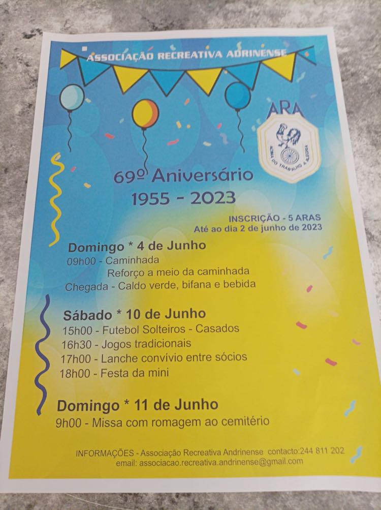 Cartaz da Associação Recreativa Andrinense para o 69.º aniversário, de 1955 a 2023. Anuncia atividades nos dias 4, 10 e 11 de junho de 2023, incluindo caminhada, futebol, jogos tradicionais e missa.