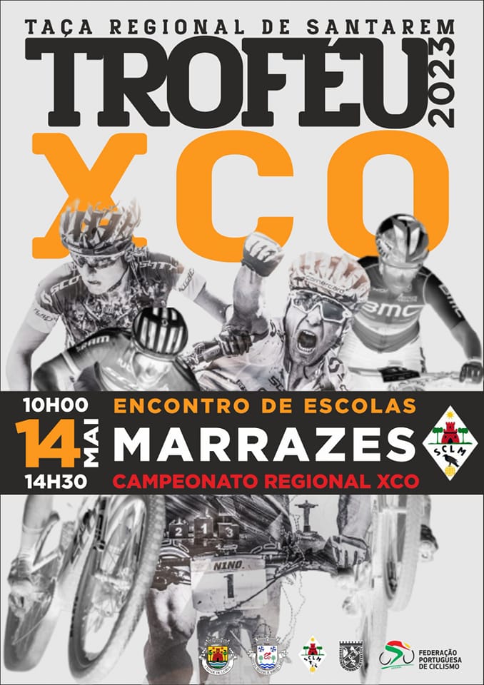 Cartaz da Taça Regional de Santarém – Troféu XCO 2025, com imagens de ciclistas. Anuncia um encontro de escolas e o Campeonato Regional XCO para 14 de maio, em Marrazes.