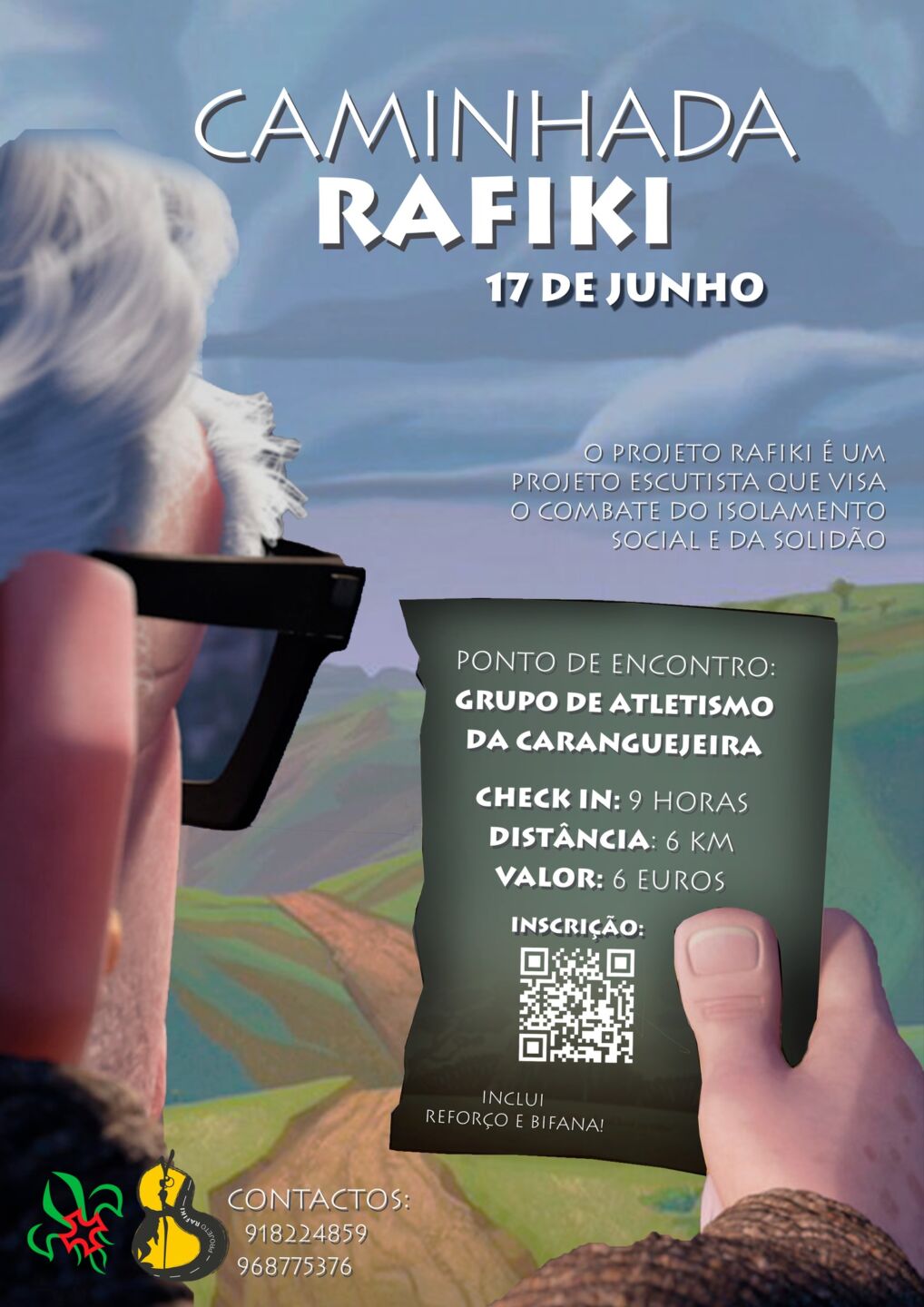 Cartaz de uma caminhada solidária do Projeto Rafiki, marcada para 17 de junho. O percurso anunciado é de 6 km, com encontro no Grupo de Atletismo da Caranguejeira.