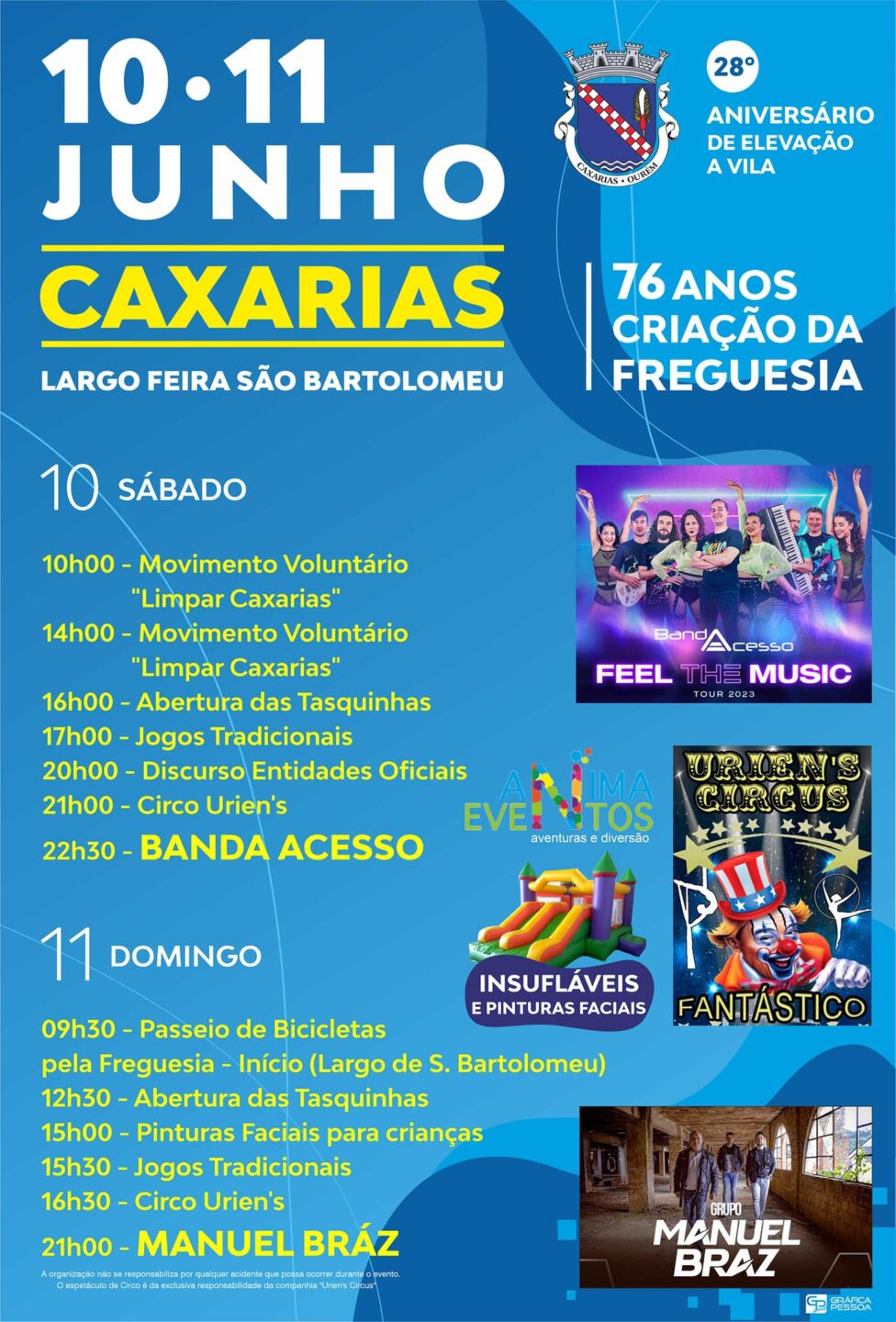 Cartaz das comemorações em Caxarias, nos dias 10 e 11 de junho, assinalando o 28.º aniversário da elevação a vila e os 176 anos da criação da freguesia. O programa inclui voluntariado, jogos tradicionais, circo e concertos.