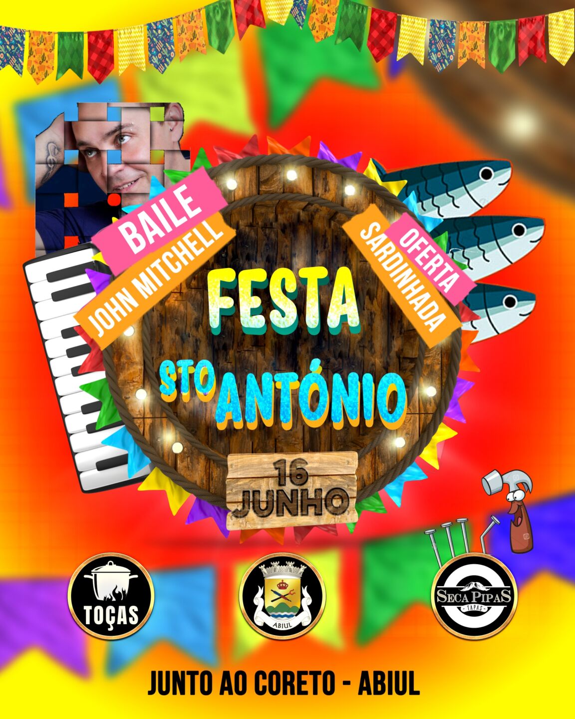 Cartaz da Festa de Santo António, anunciada para 16 de junho junto ao Coreto, em Abiúl. Destaca um baile com John Mitchell e uma oferta de sardinhada.