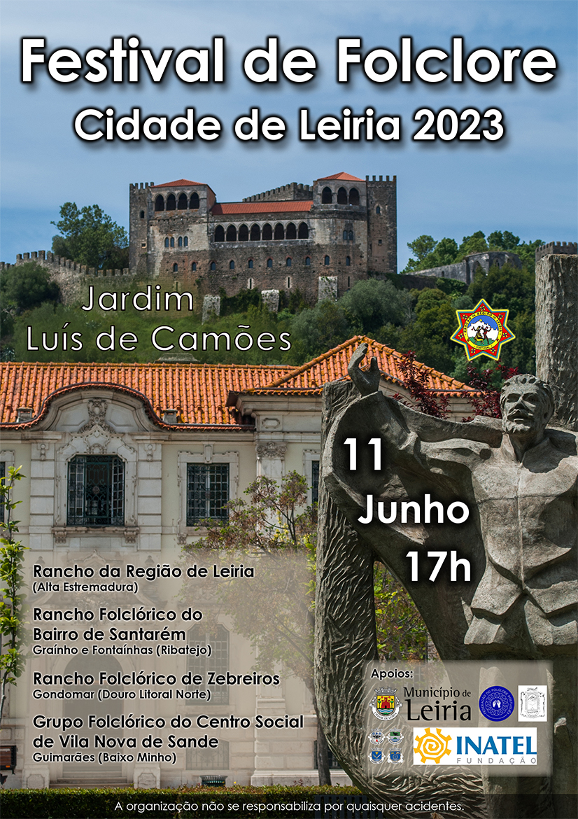 Cartaz do Festival de Folclore Cidade de Leiria 2023, anunciado para 11 de junho, às 17h, no Jardim Luís de Camões. Apresenta quatro grupos de folclore participantes e entidades apoiantes.