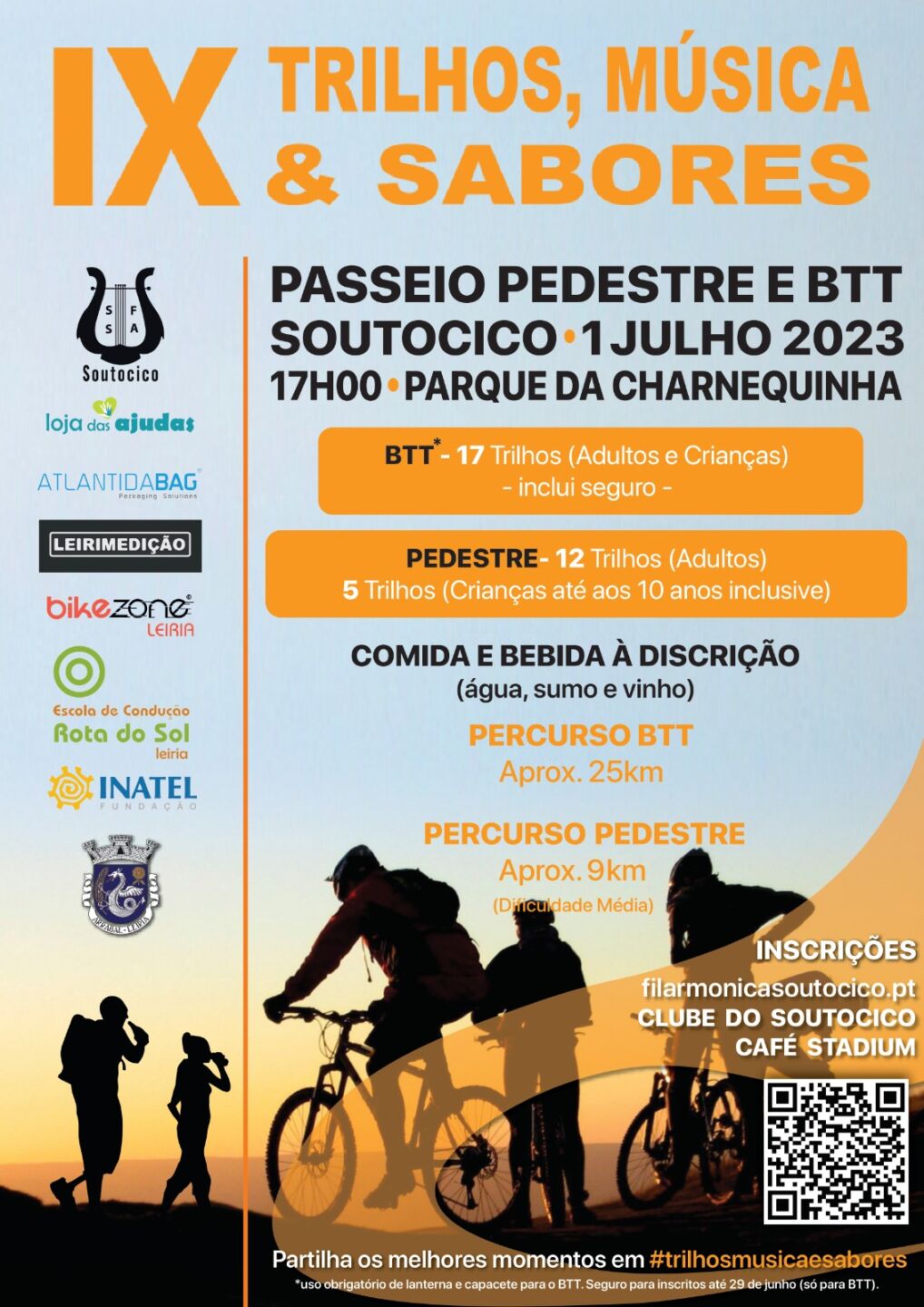 Cartaz da IX edição de «Trilhos, Música & Sabores», que anuncia um passeio pedestre e de BTT em Soutocico para 1 de julho de 2023. Indica percursos aproximados de 9 km a pé e 25 km de bicicleta.