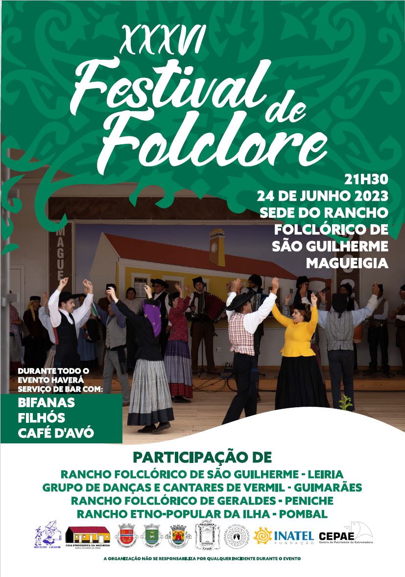 Cartaz do XXVI Festival de Folclore, marcado para 24 de junho de 2023, às 21h30, na sede do Rancho Folclórico de São Guilherme, na Magueigia. Anuncia a participação de grupos de Leiria, Guimarães, Peniche e Pombal.