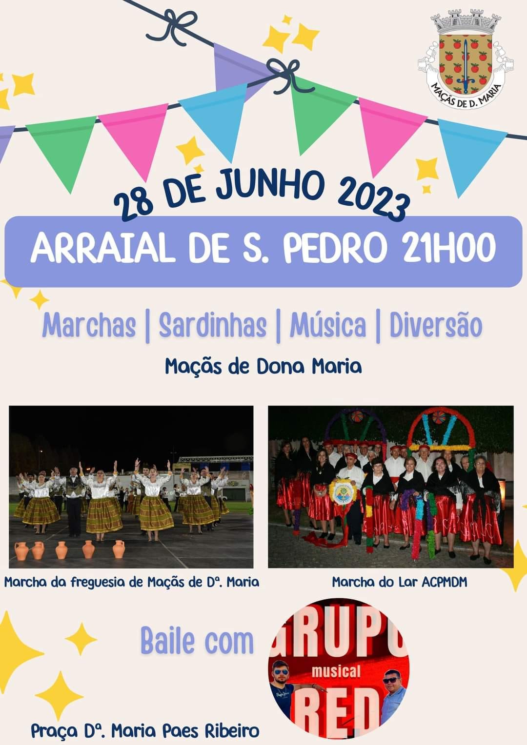 Cartaz do Arraial de S. Pedro em Maçãs de Dona Maria, anunciado para 28 de junho de 2023, às 21h00. O programa destaca marchas, sardinhas, música e diversão, com fotografias de grupos de marchas.