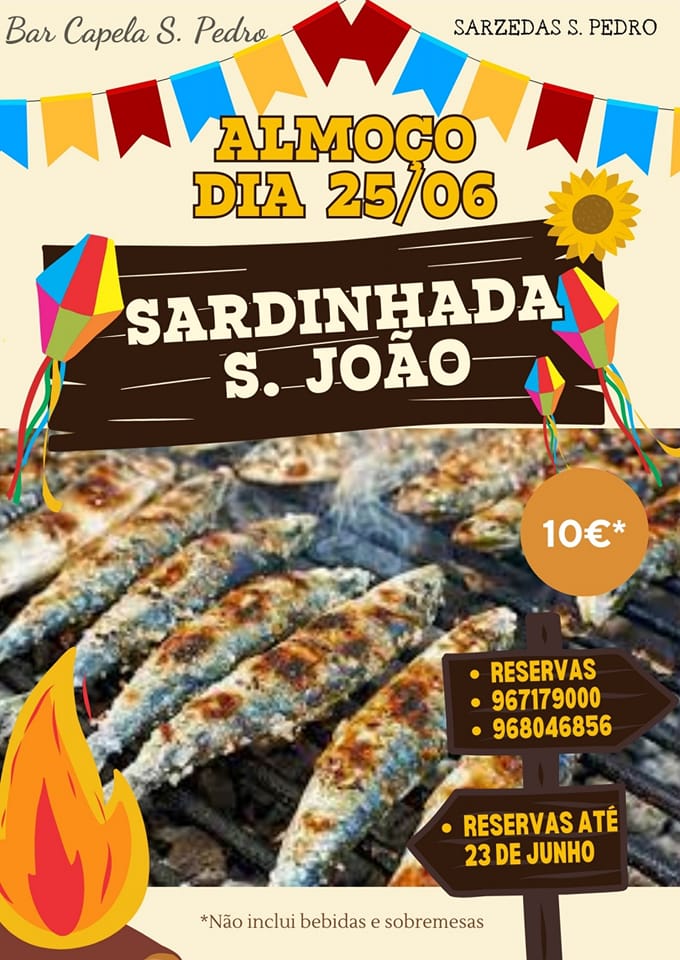 Cartaz do Bar Capela S. Pedro a anunciar um almoço de sardinhada de S. João no dia 25 de junho, por 10 €. As reservas são aceites até 23 de junho.
