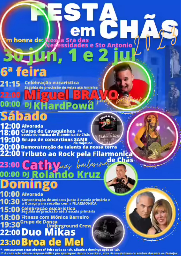 Cartaz da Festa em Chãs, em honra de Nossa Senhora das Necessidades e Santo António, de 30 de junho a 2 de julho. Anuncia celebrações religiosas, música, dança e outras atividades.