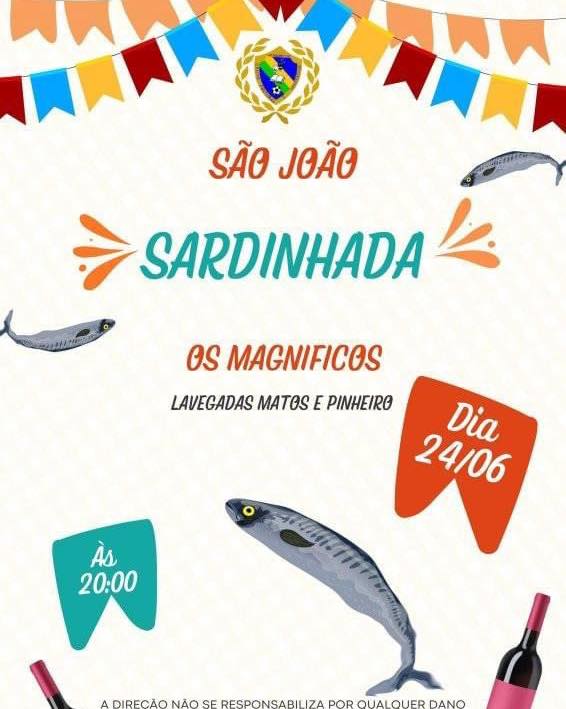 Cartaz de uma sardinhada de São João, com a atuação de Os Magníficos. Indica Lavegadas Matos e Pinheiro, dia 24/06, às 20:00.