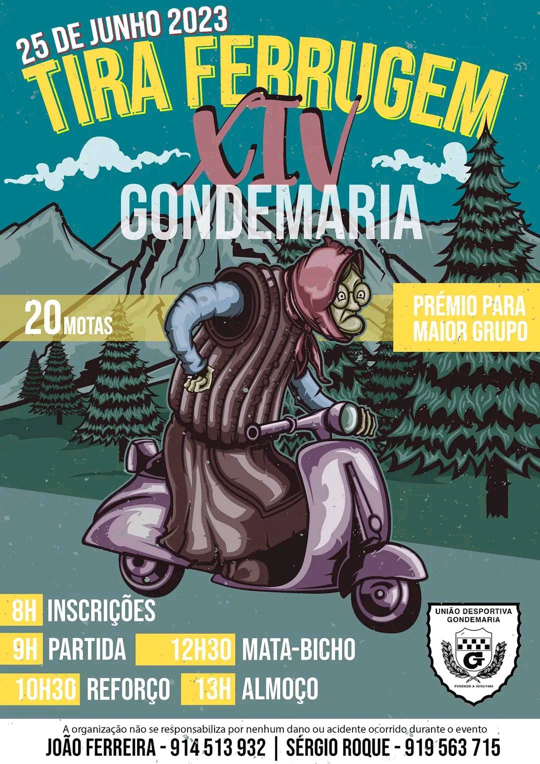 Cartaz de um evento de motas em Gondemaria, marcado para 25 de junho de 2023 e organizado pela União Desportiva Gondemaria. Anuncia um prémio para o maior grupo e apresenta os horários das atividades.