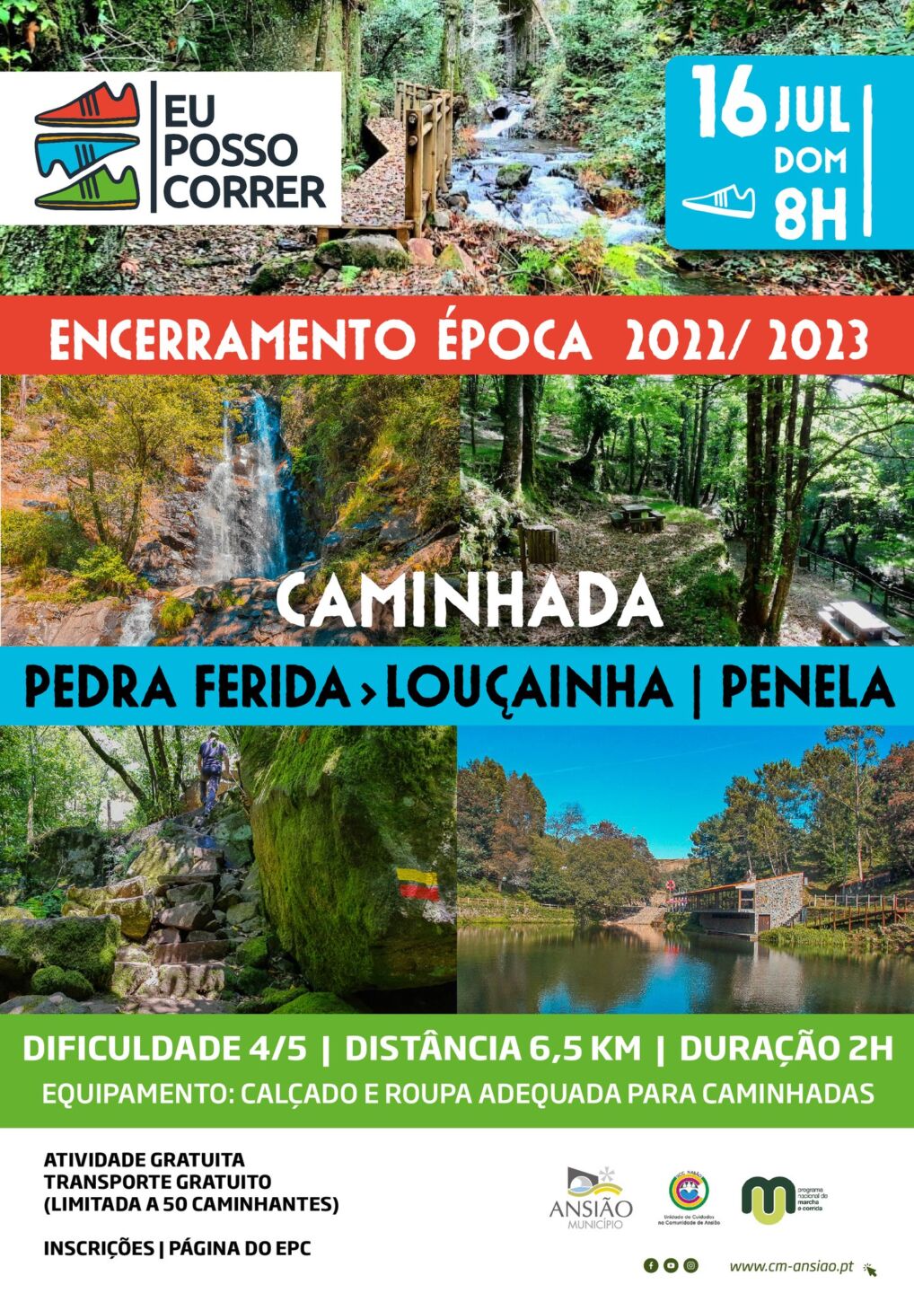 Cartaz de uma caminhada de encerramento da época 2022/2023 do programa «Eu Posso Correr», no percurso Pedra Ferida–Louçainha, em Penela. O evento está anunciado para domingo, 16 de julho, às 8h, com 6,5 km de distância e dificuldade 4/5.