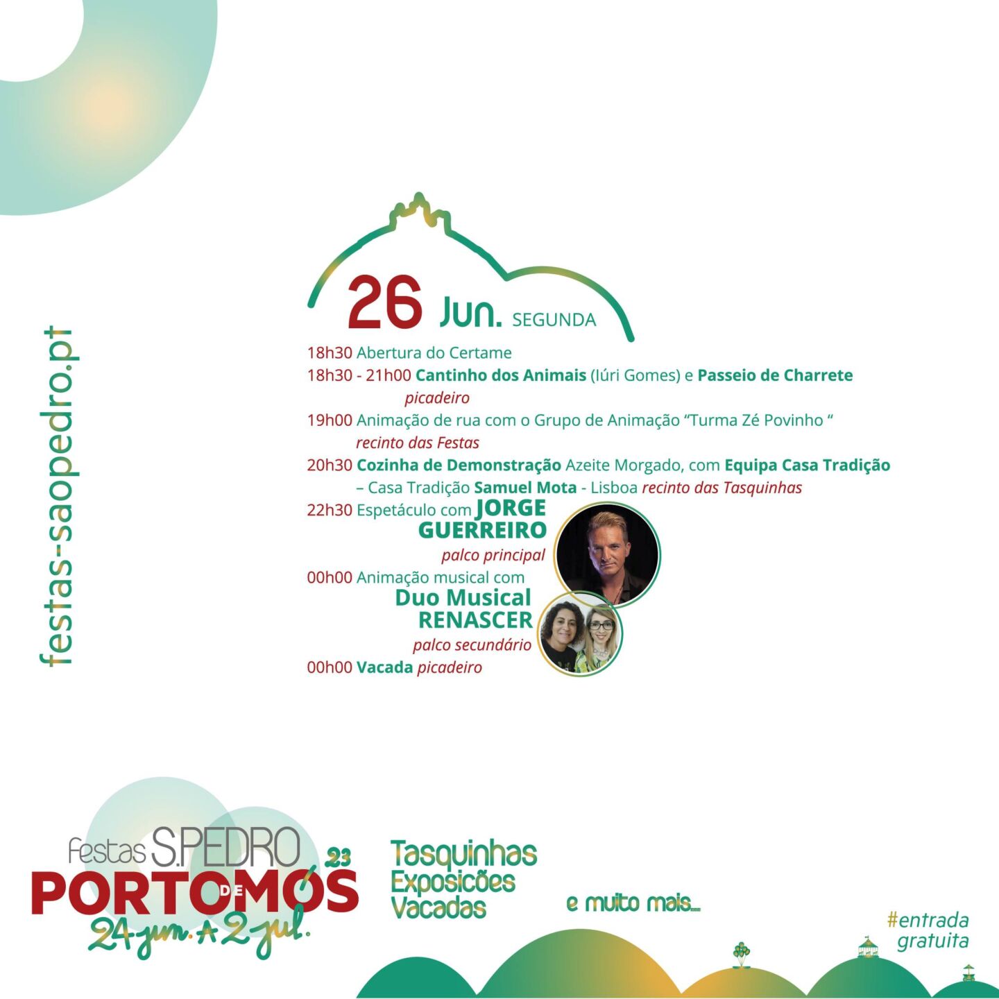 Cartaz da programação de 26 de junho das Festas de São Pedro de Portimão 2023. Anuncia espetáculos musicais, animação de rua, atividades com animais e entrada gratuita.