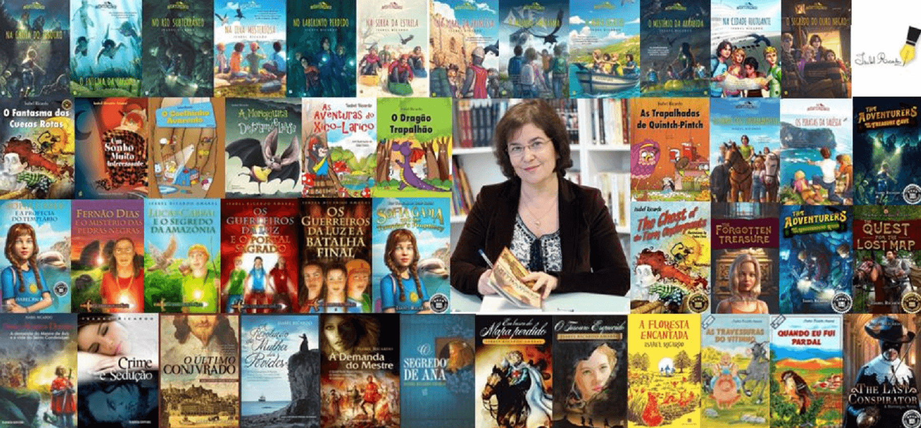 A escritora Isabel Ricardo numa foto-montagem com as capas dos seus livros em fundo