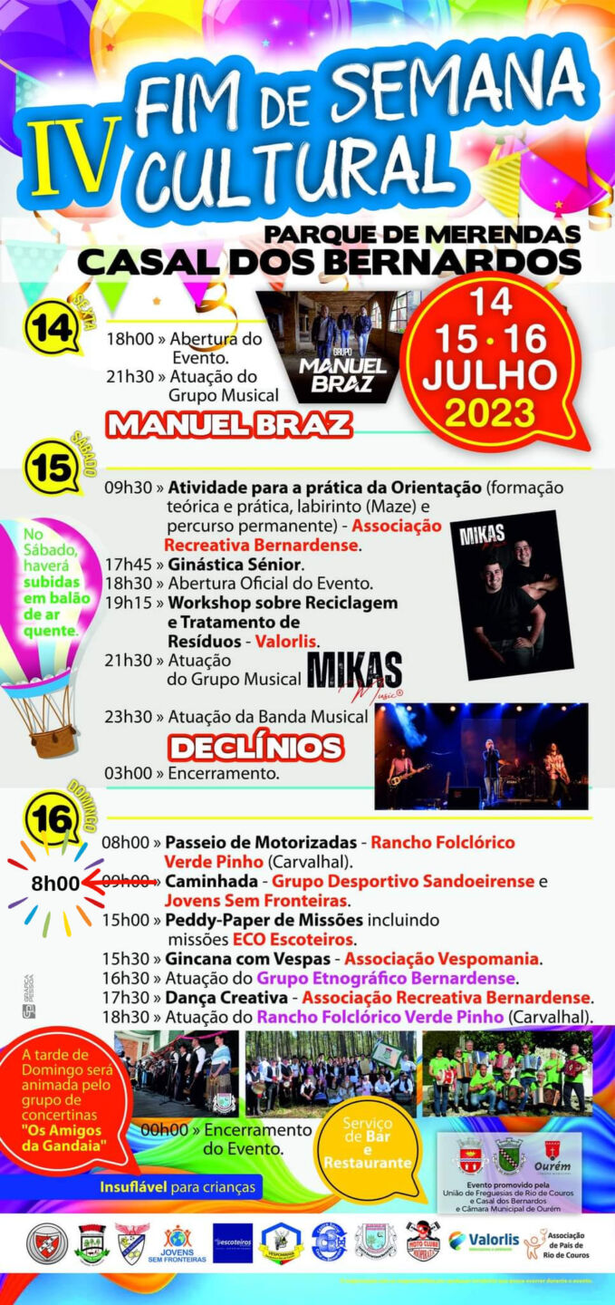 Cartaz da IV Fim de Semana Cultural, realizada de 14 a 16 de julho de 2023 no Parque de Merendas de Casal dos Bernardos. Apresenta o programa de concertos, atividades desportivas, oficinas e atuações folclóricas.