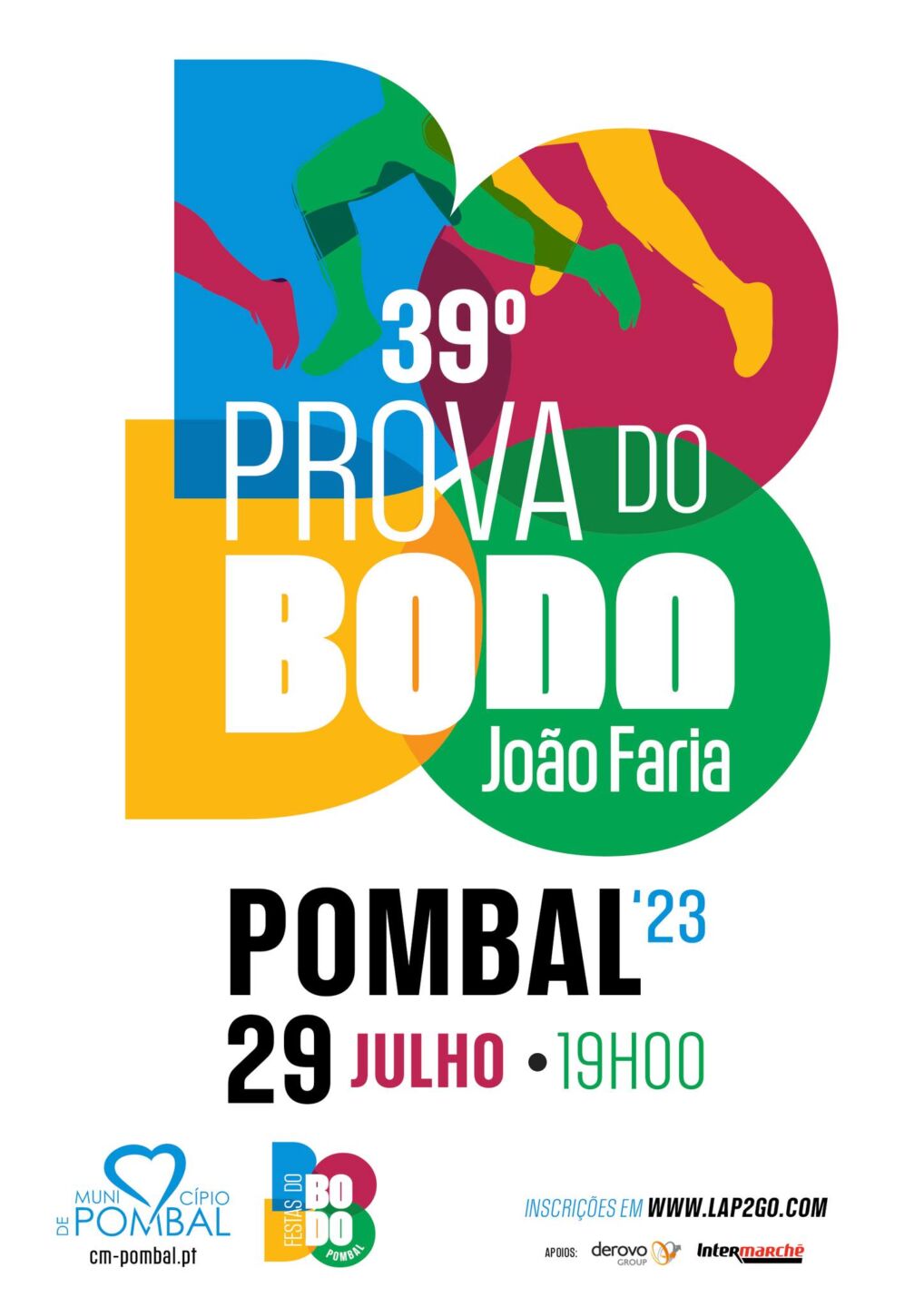 Cartaz da 39.ª Prova do Bodo, em Pombal, anunciada para 29 de julho de 2023, às 19h00. O nome João Faria surge no cartaz.