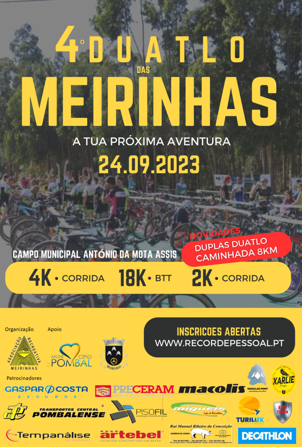 Cartaz do 4.º Duatlo das Meirinhas, anunciado para 24 de setembro de 2023 no Campo Municipal António da Mota Assis. Apresenta percursos de corrida e BTT, além de duplas de duatlo e uma caminhada de 8 km.
