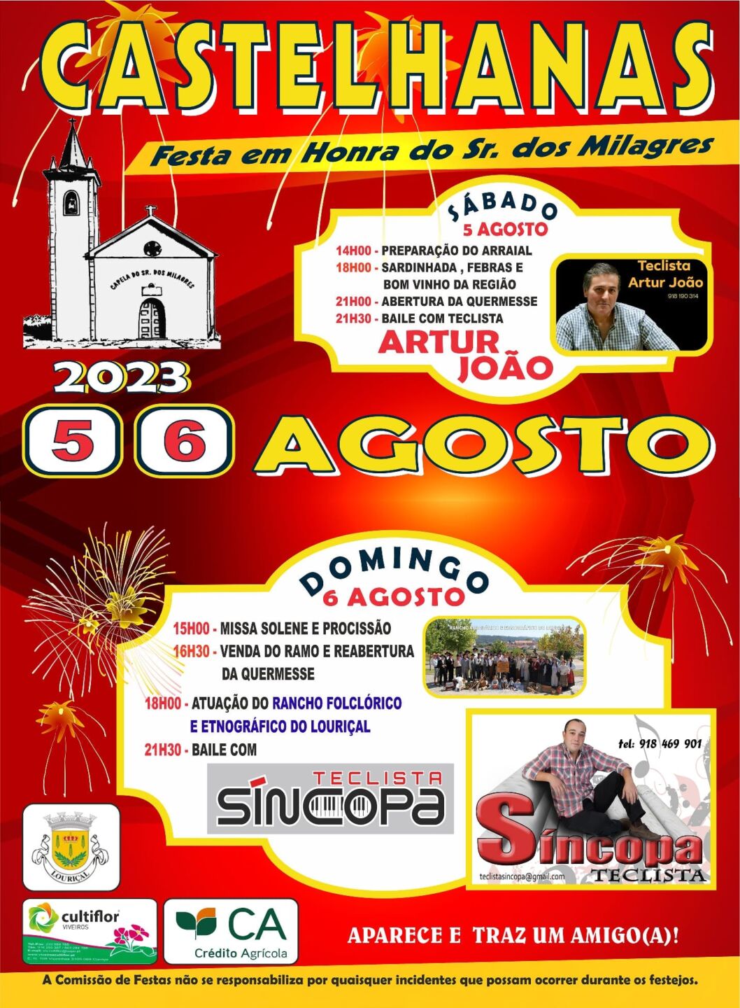 Cartaz da festa em honra do Sr. dos Milagres, em Castelhanas, nos dias 5 e 6 de agosto de 2023. O programa anuncia arraial, sardinhada, missa, procissão, atuação de rancho folclórico e bailes.