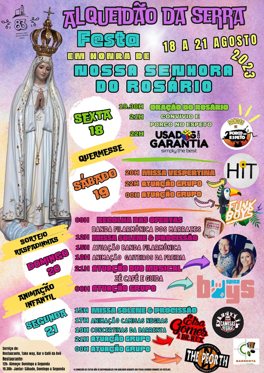 Cartaz da festa em honra de Nossa Senhora do Rosário, em Alqueidão da Serra, de 18 a 21 de agosto de 2023. Apresenta o programa religioso e musical, com missas, procissão e atuações.
