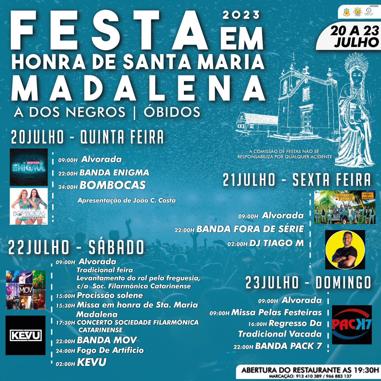 Cartaz da festa em honra de Santa Maria Madalena, em A dos Negros, Óbidos, de 20 a 23 de julho de 2023. O programa anuncia celebrações religiosas, música, uma feira tradicional, fogo de artifício e uma vacada.