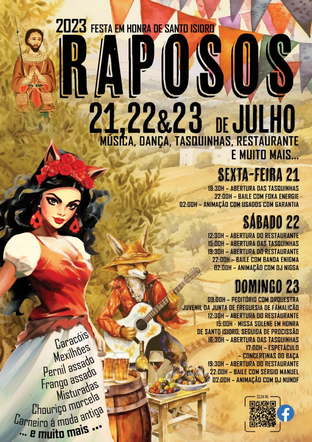 Cartaz da Festa em Honra de Santo Isidro, em Raposos, nos dias 21, 22 e 23 de julho de 2023. Anuncia música, dança, tasquinhas, restaurante e atividades religiosas.