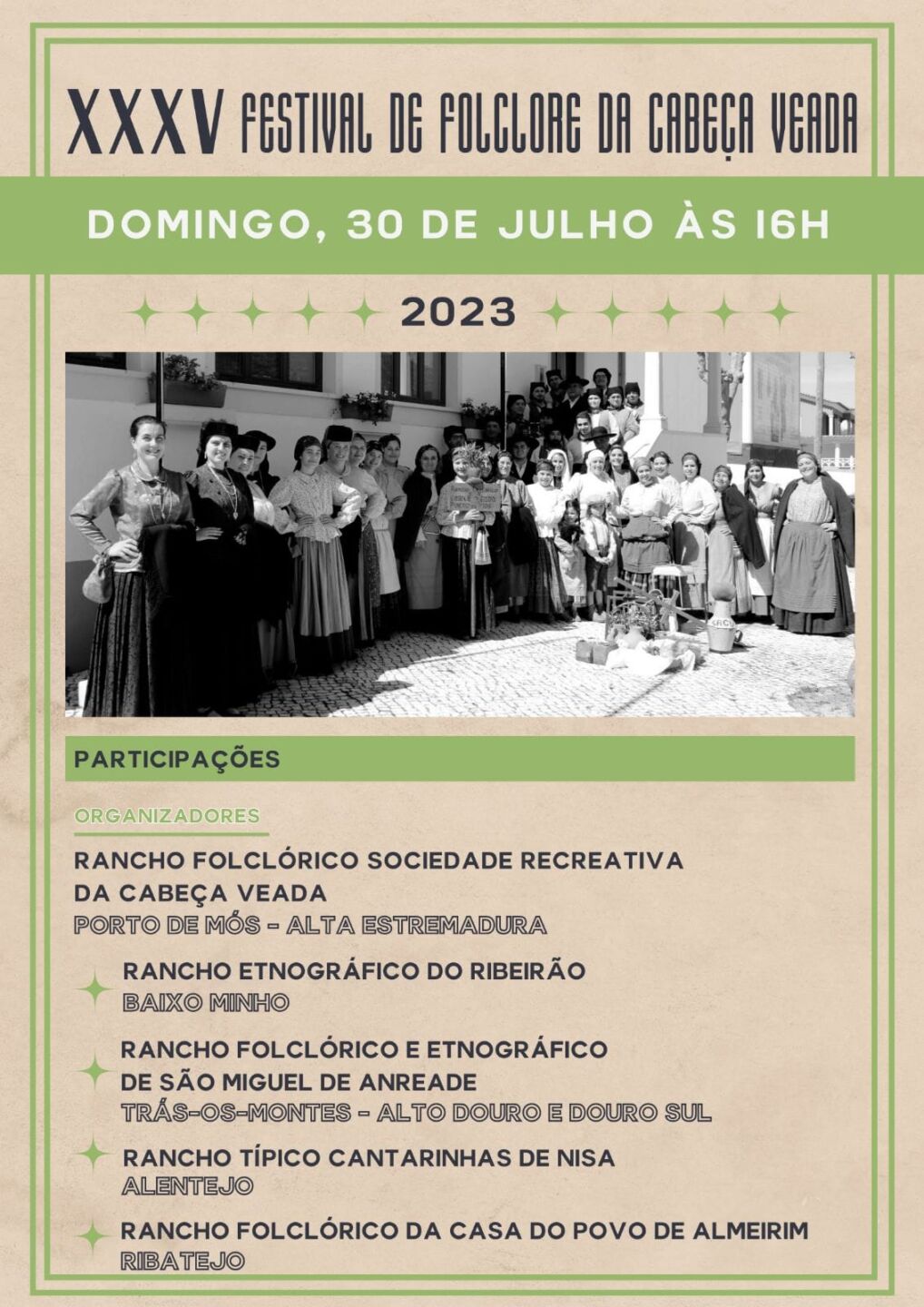 Cartaz do XXXV Festival de Folclore da Cabeça Veada, anunciado para domingo, 30 de julho de 2023, às 16h. Inclui uma fotografia de grupo em trajes tradicionais e a lista dos ranchos participantes.