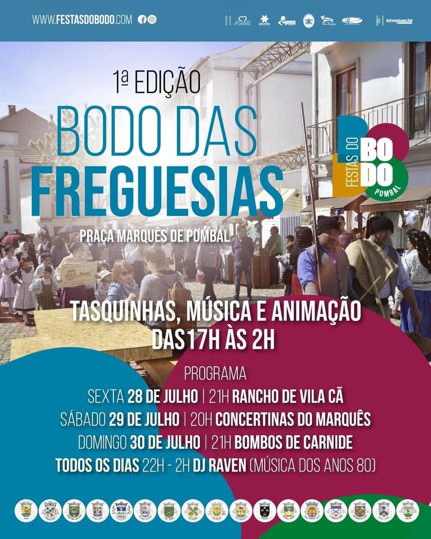 Cartaz da 1.ª edição do Bodo das Freguesias, na Praça Marquês de Pombal. Anuncia tasquinhas, música e animação de 28 a 30 de julho, sem indicar o ano.