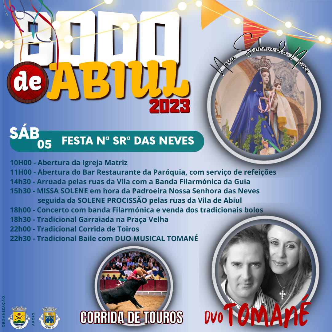 Cartaz da festa de Nossa Senhora das Neves em Abiul, marcada para sábado, 5 de agosto de 2023. O programa anuncia missa e procissão, música, garraiada, corrida de touros e baile.