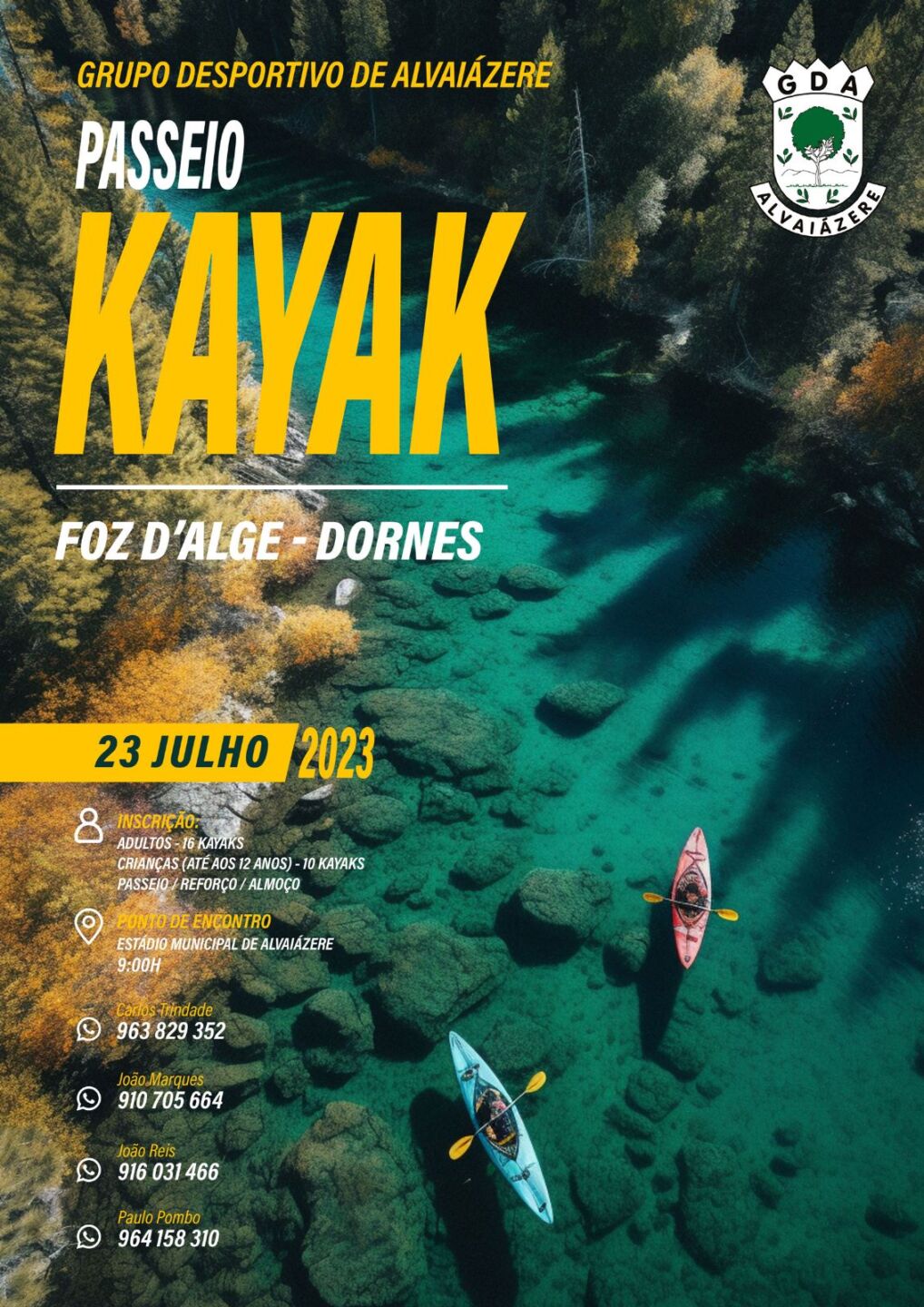 Cartaz do Grupo Desportivo de Alvaiázere a anunciar um passeio de kayak entre Foz d’Alge e Dornes, em 23 de julho de 2023. A imagem mostra dois kayaks num curso de água e apresenta informações sobre inscrições e ponto de encontro.