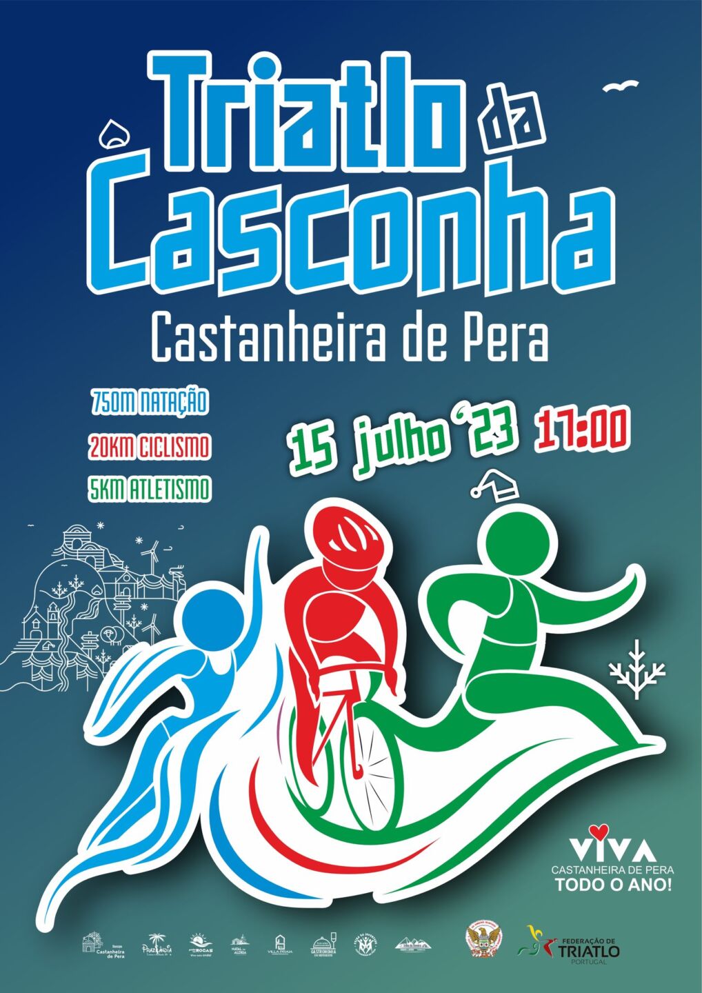 Cartaz promocional do Triatlo de Castanheira de Pera, anunciado para 15 de julho de 2023, às 17h00. Indica provas de 750 m de natação, 20 km de ciclismo e 5 km de atletismo.
