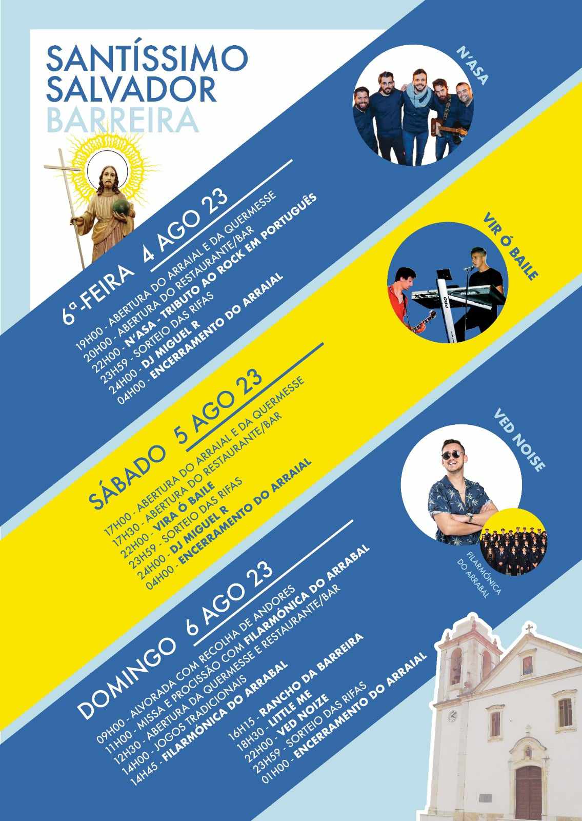 Cartaz da festa do Santíssimo Salvador de Barreira, com programa de 4 a 6 de agosto de 2023. Anuncia celebrações religiosas, música, baile e abertura do arraial.
