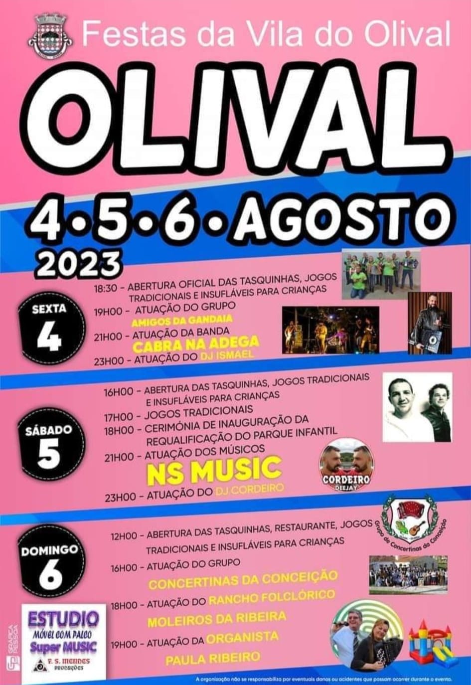 Cartaz das Festas da Vila do Olival, realizadas de 4 a 6 de agosto de 2023. Apresenta o programa de atuações, jogos tradicionais, tasquinhas e atividades para crianças.