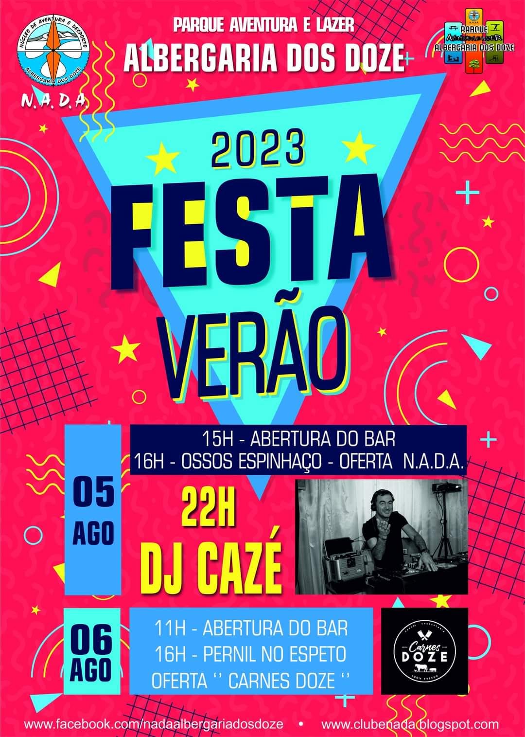 Cartaz da Festa de Verão 2023 do Parque Aventura e Lazer de Albergaria dos Doze, anunciada para 5 e 6 de agosto. O programa inclui abertura do bar, ofertas gastronómicas e atuação de DJ Cazé.