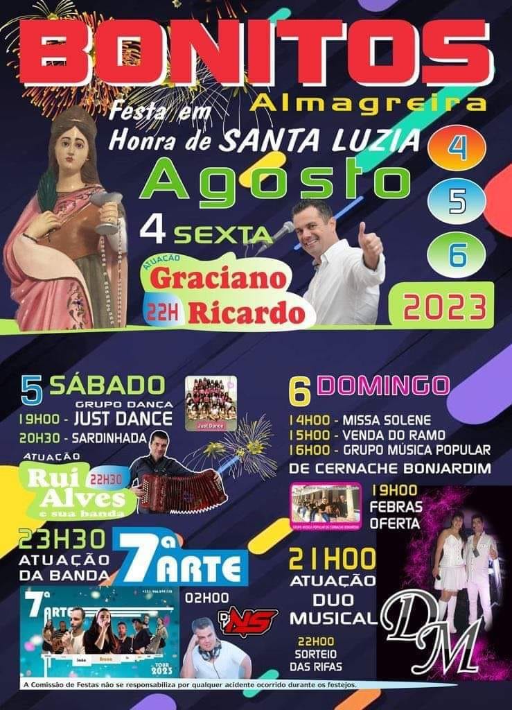 Cartaz das festas em honra de Santa Luzia, em Cernache do Bonjardim, nos dias 4, 5 e 6 de agosto de 2023. Anuncia celebrações religiosas e atuações musicais.