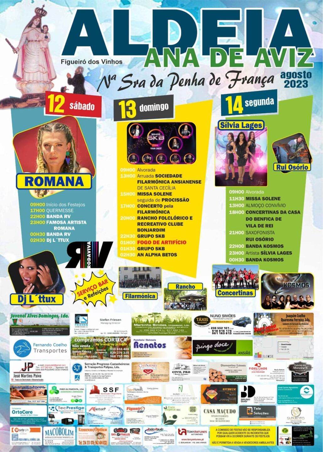 Cartaz das festas da Aldeia Ana de Aviz, em Figueiró dos Vinhos, em honra de Nossa Senhora da Penha de França. Apresenta o programa de 12 a 14 de agosto de 2023, com música, celebrações religiosas e convívio.
