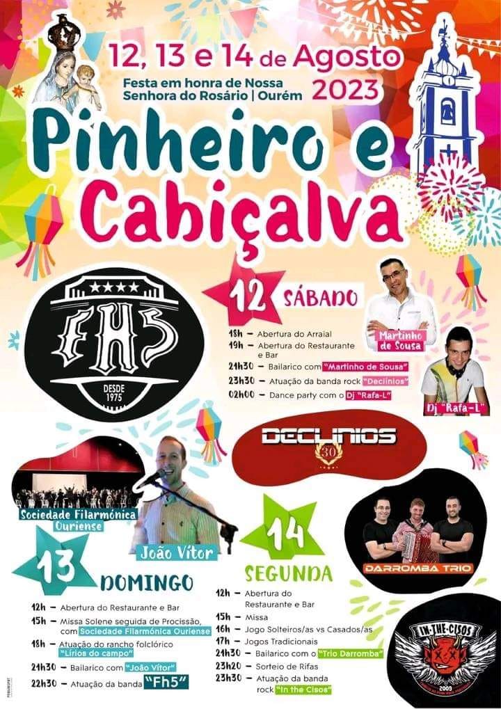 Cartaz da festa em honra de Nossa Senhora do Rosário, em Pinheiro e Cabiçalva, Ourém, de 12 a 14 de agosto de 2023. Apresenta o programa religioso e as atuações musicais dos três dias.