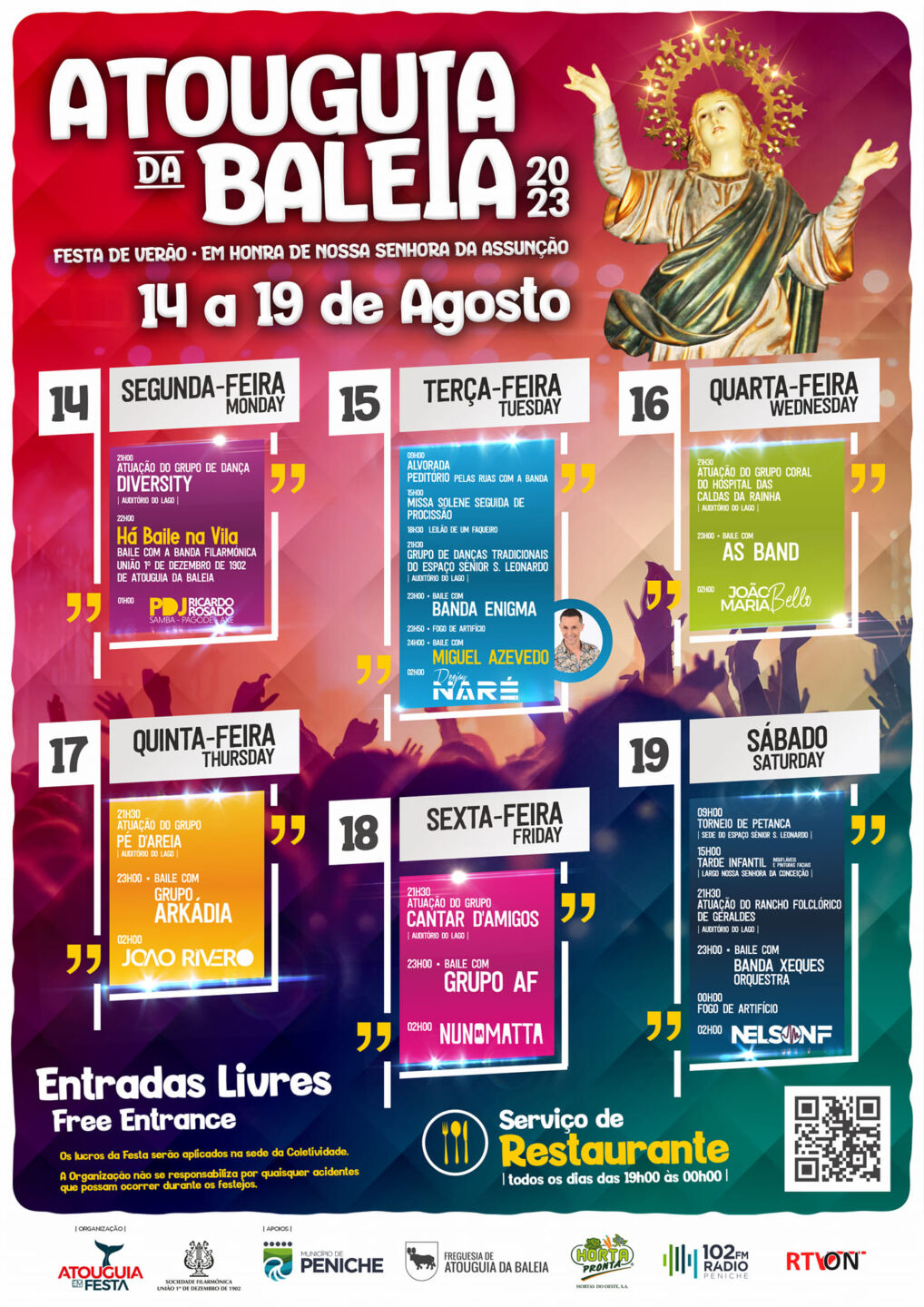 Cartaz da Festa de Verão da Atouguia da Baleia 2023, em honra de Nossa Senhora da Assunção, de 14 a 19 de agosto. Apresenta a programação diária de música e dança, entradas livres e serviço de restaurante.